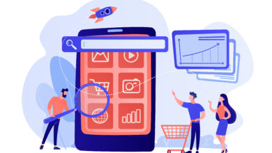 Ecommerce, internet shopping promotion campaign. Mobile media optimization, mobile SEO strategy, targeted communication channel concept. Pink coral blue vector isolated illustration