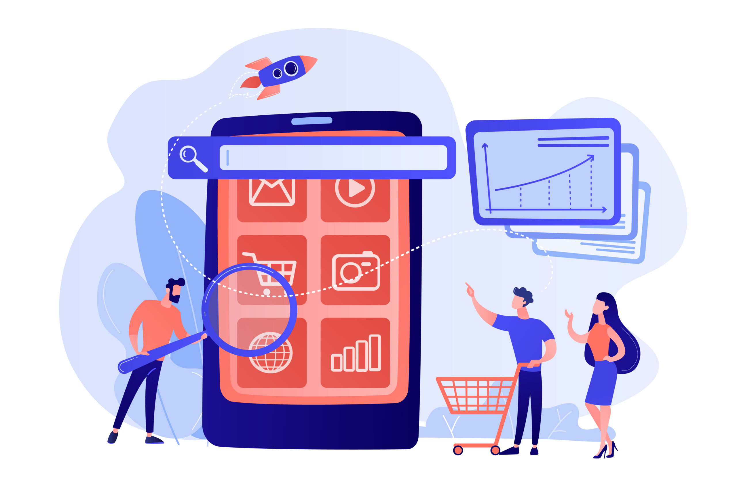 Ecommerce, internet shopping promotion campaign. Mobile media optimization, mobile SEO strategy, targeted communication channel concept. Pink coral blue vector isolated illustration