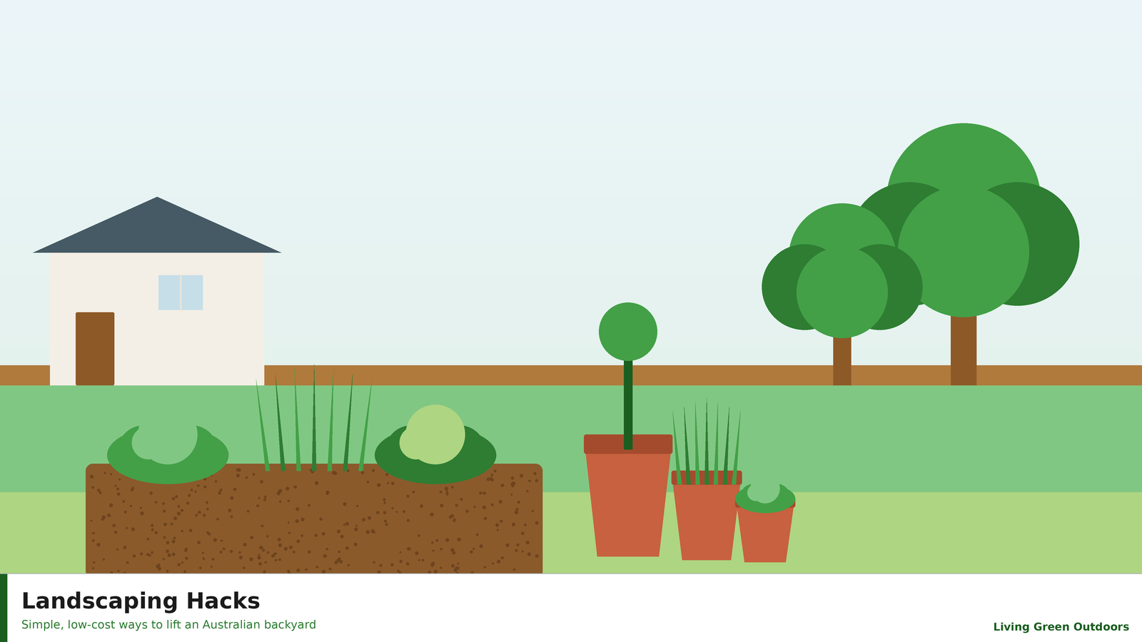 Illustrated Australian backyard with mulched beds, pots and a stepping-stone path